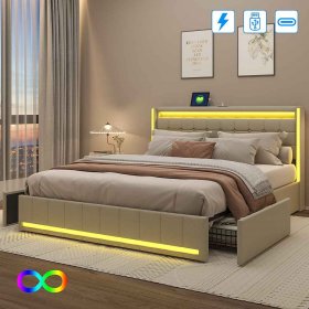 Polsterbett LED Doppelbett-beige