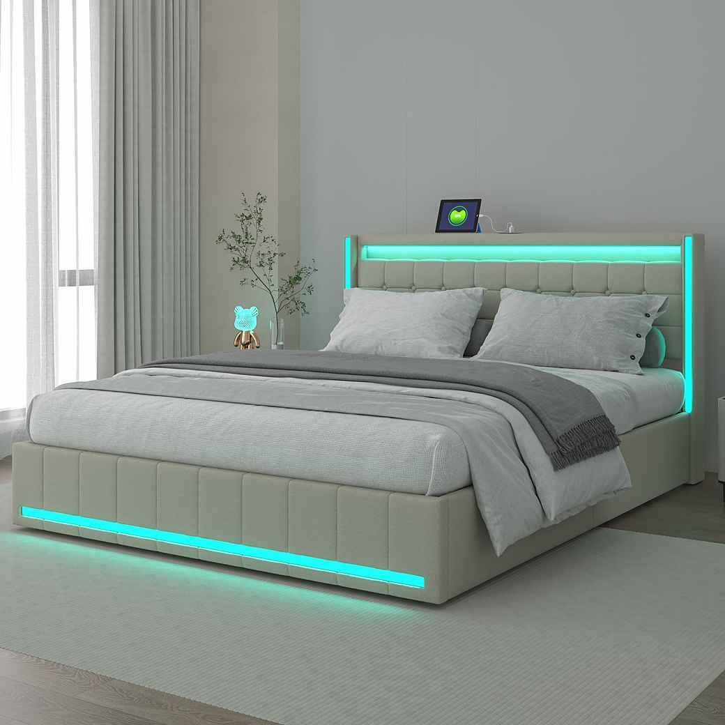 Polsterbett LED Doppelbett-beige