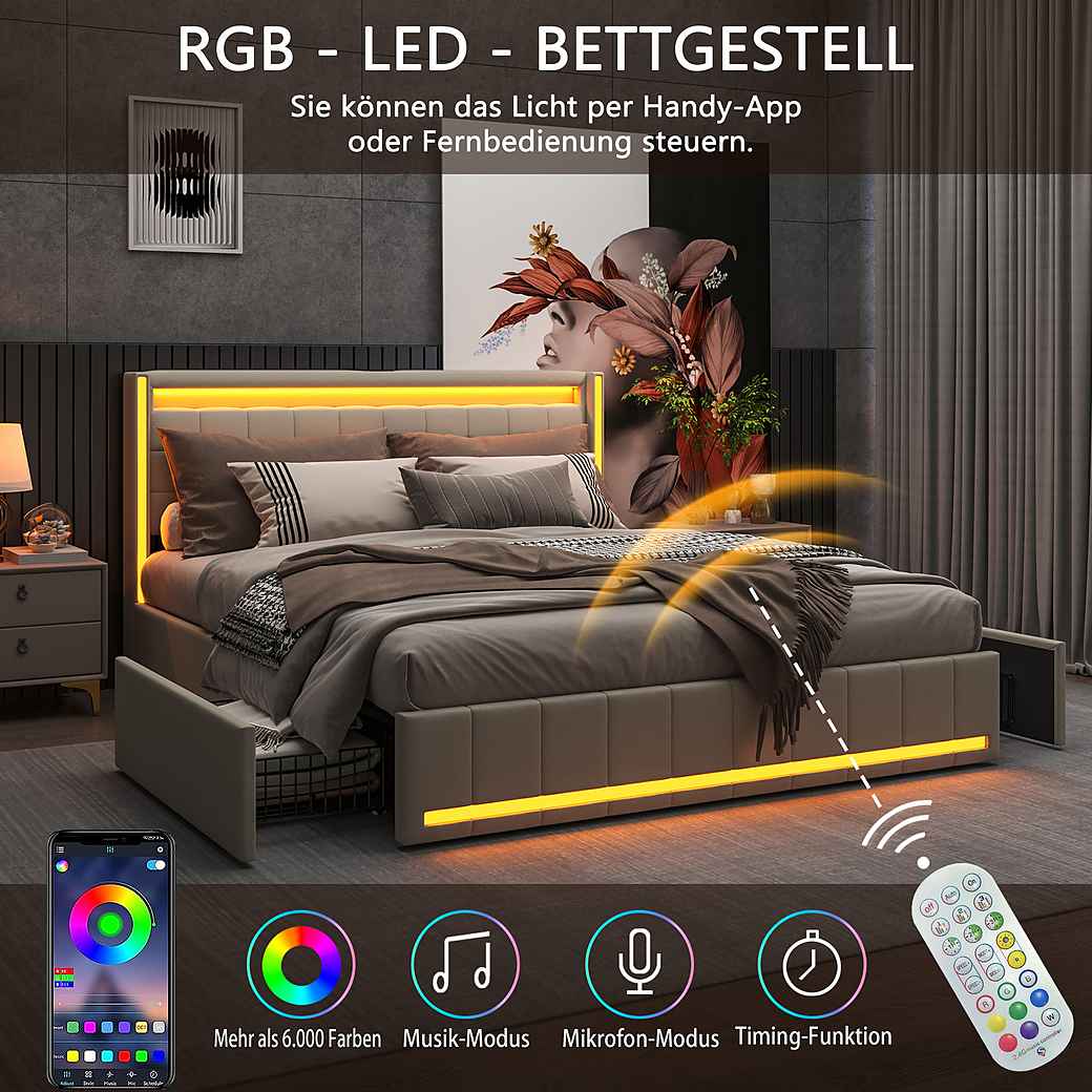 Polsterbett LED Doppelbett-beige