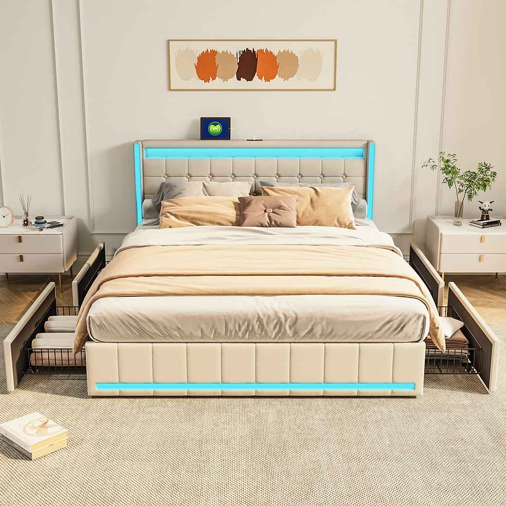 Polsterbett LED Doppelbett-beige
