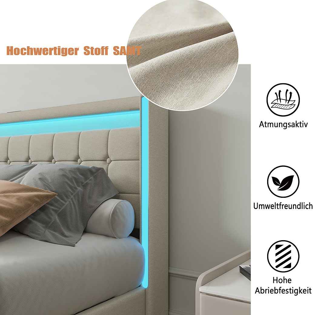 Polsterbett LED Doppelbett-beige