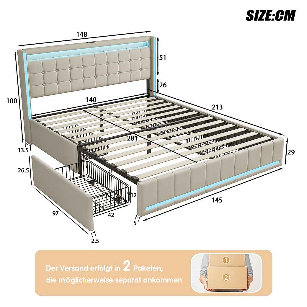 Polsterbett LED Doppelbett-beige