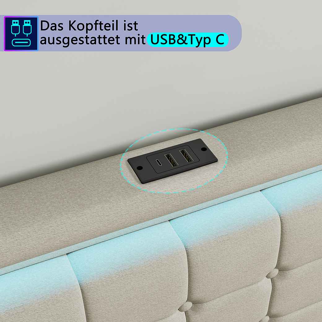 Polsterbett LED Doppelbett-beige