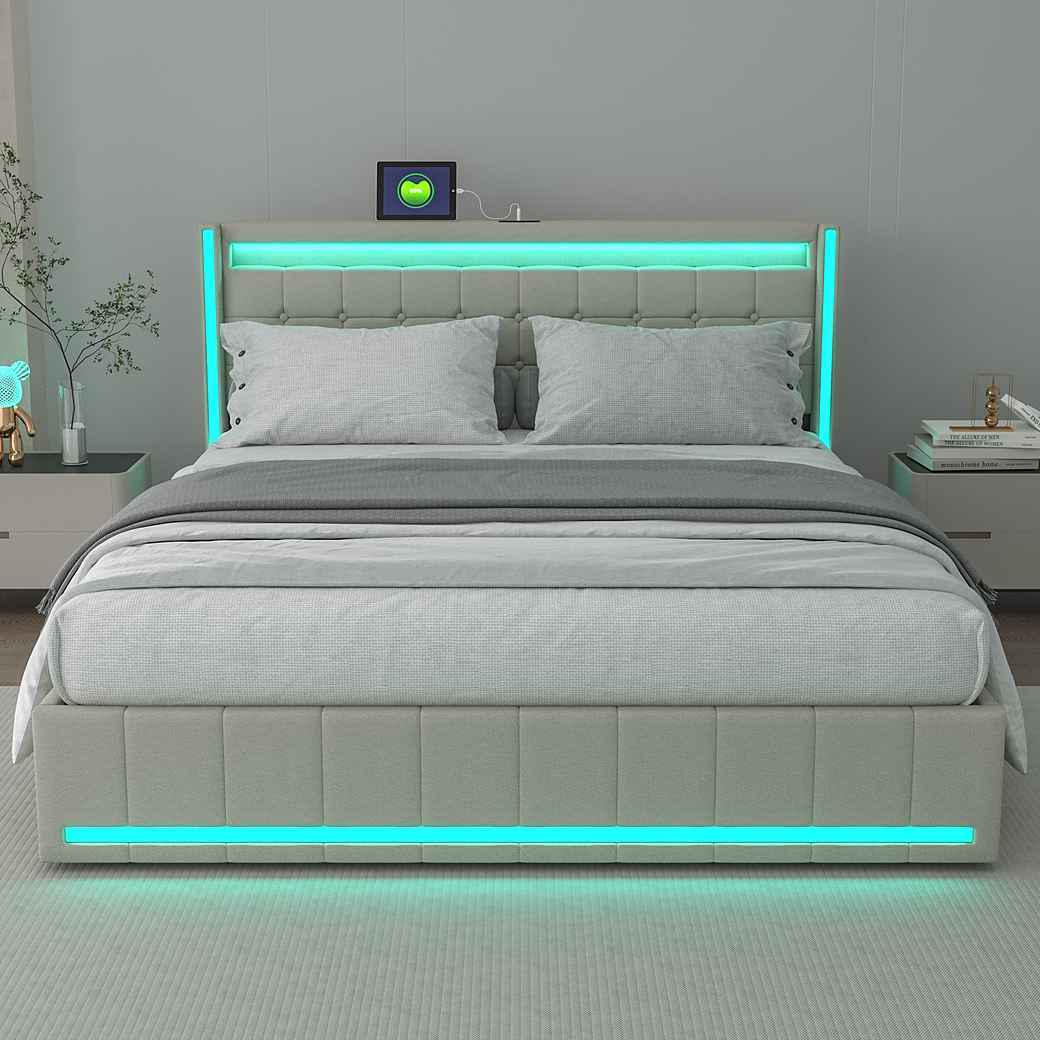 Polsterbett LED Doppelbett-beige