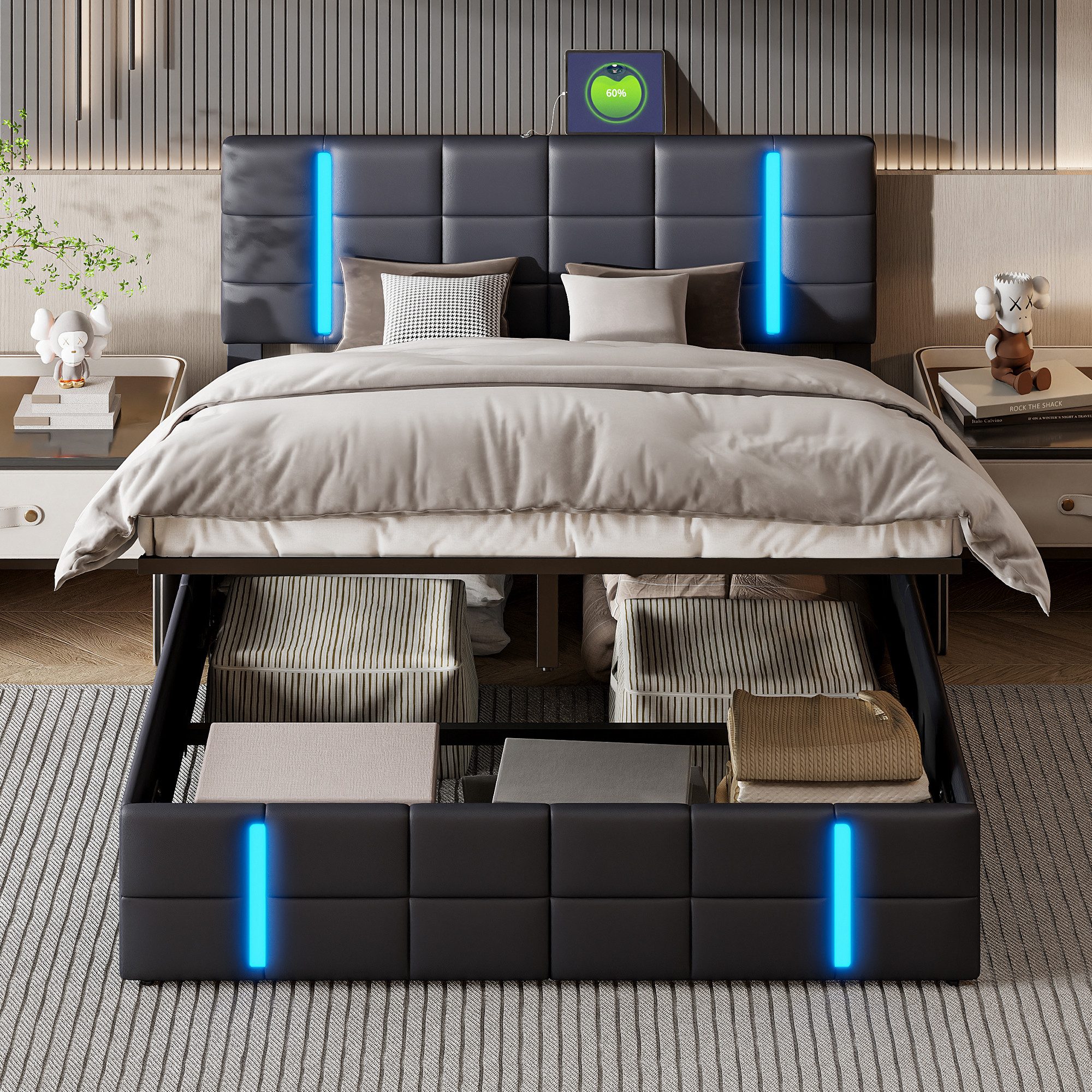 Polsterbett LED Doppelbett-Schwarz