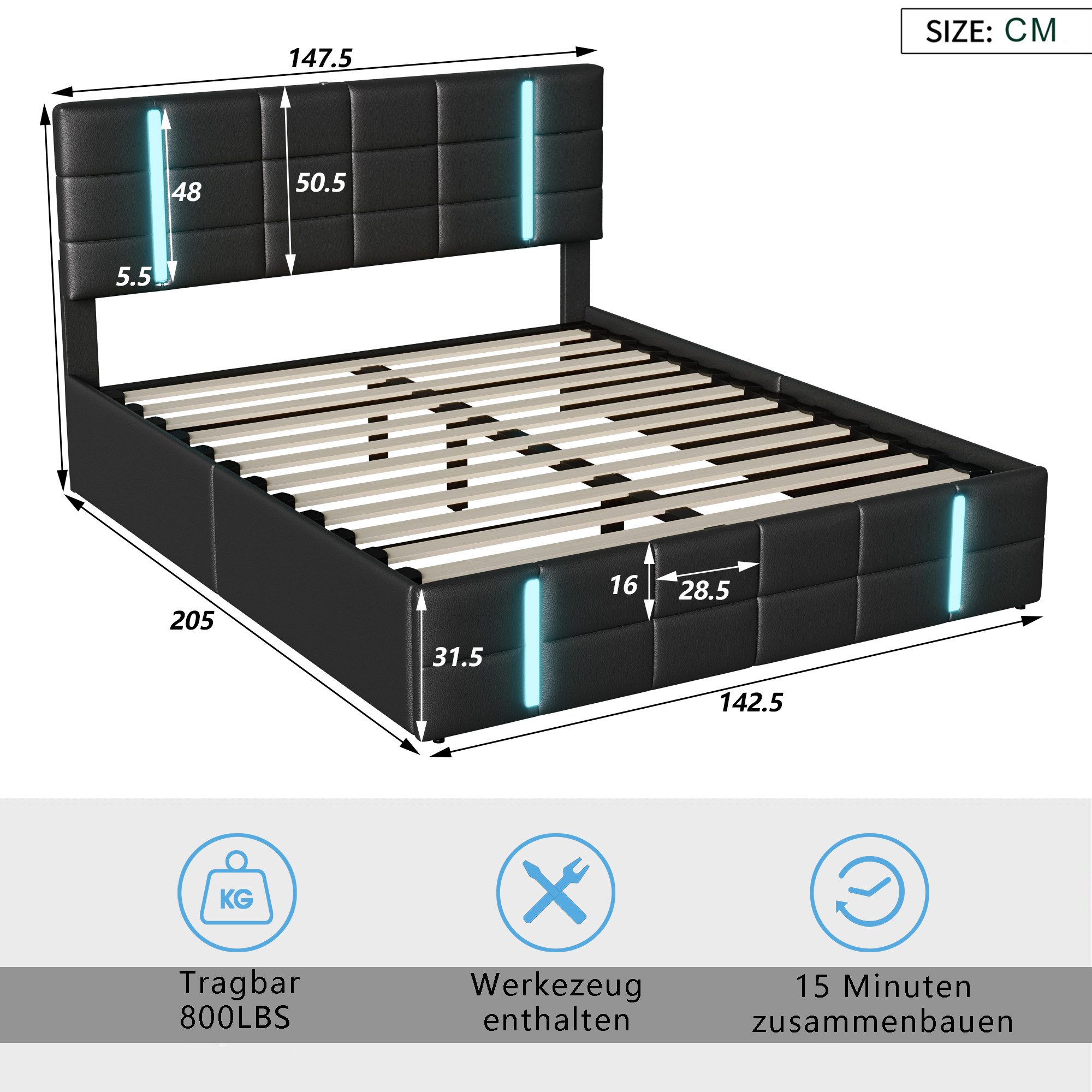 Polsterbett LED Doppelbett-Schwarz