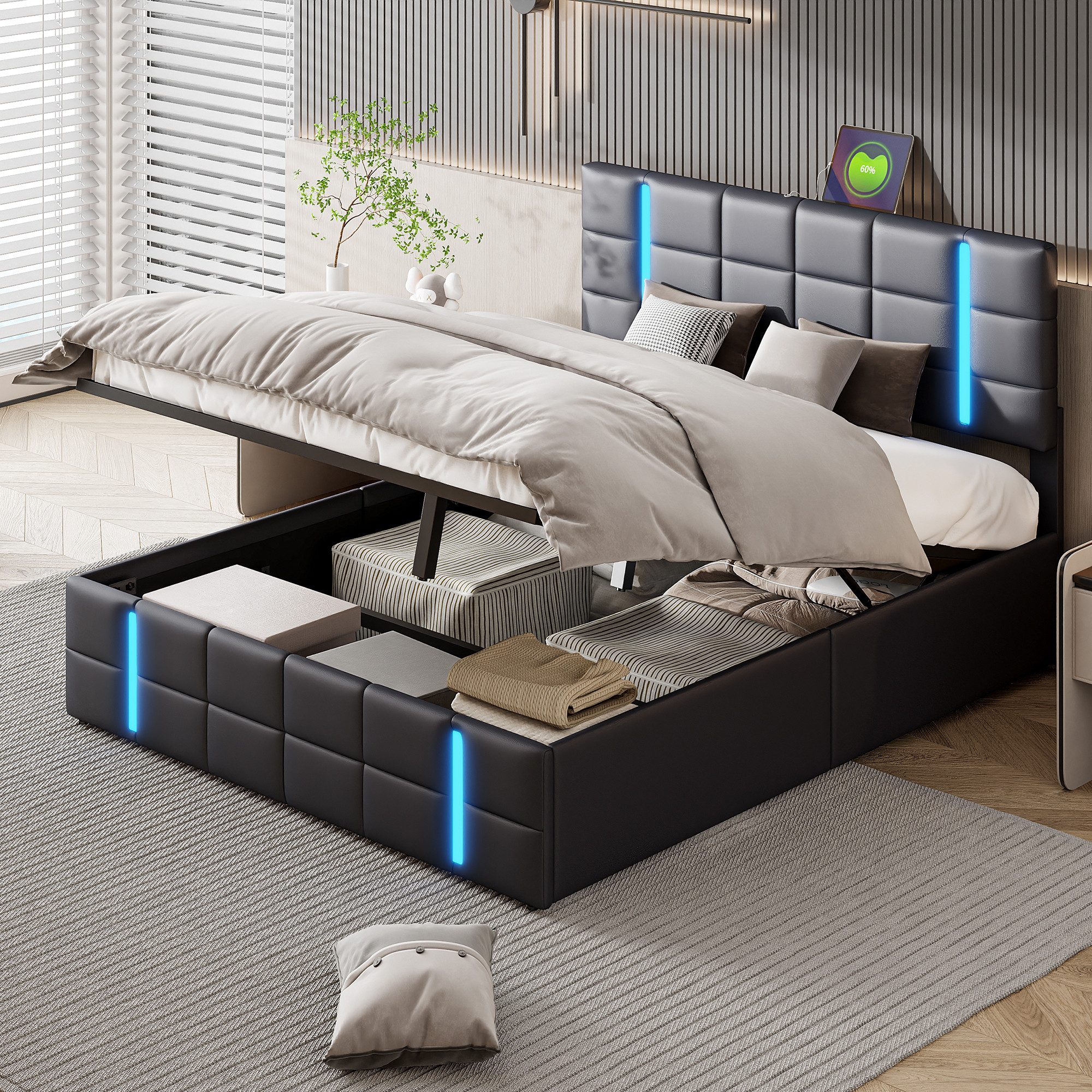 Polsterbett LED Doppelbett-Schwarz