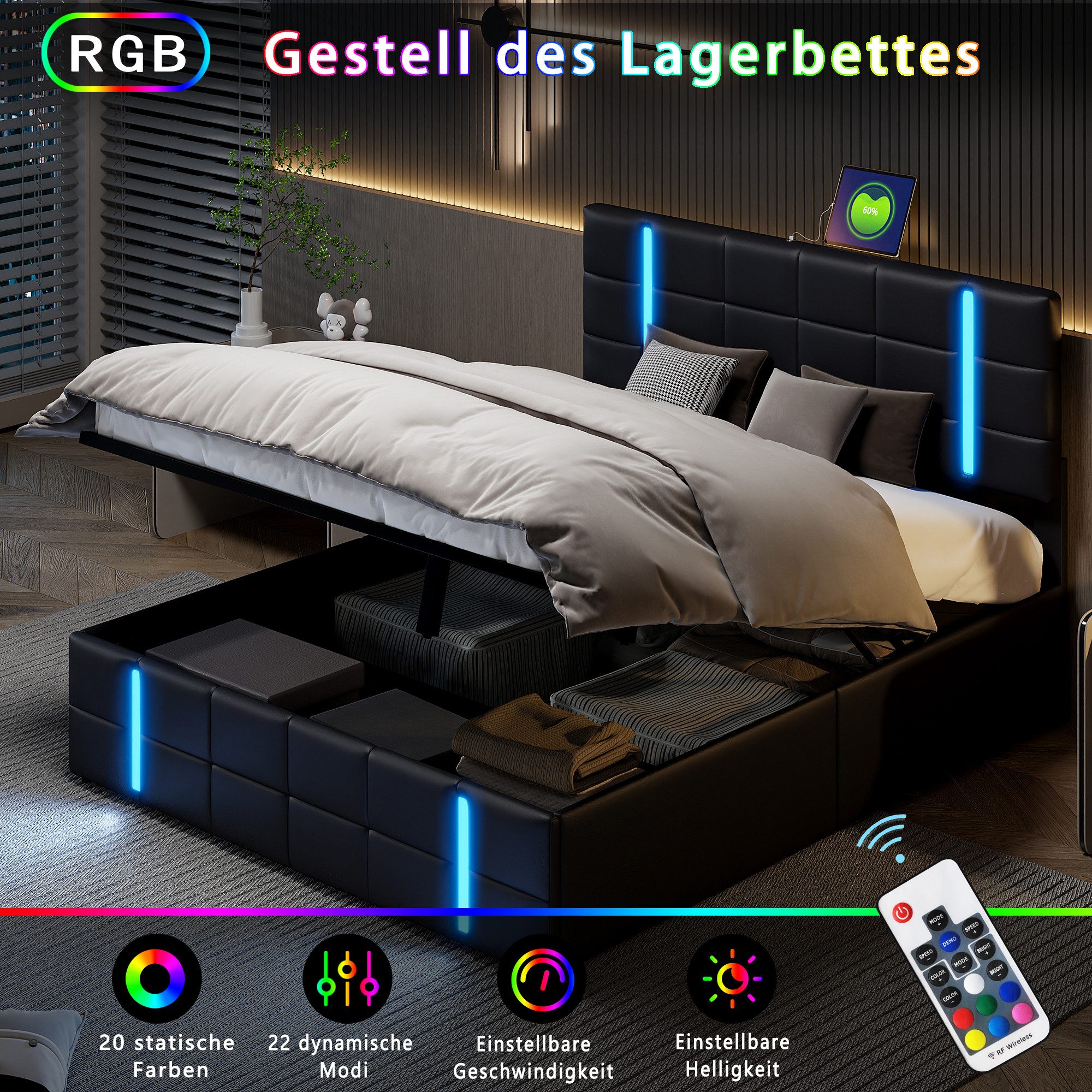 Polsterbett LED Doppelbett-Schwarz