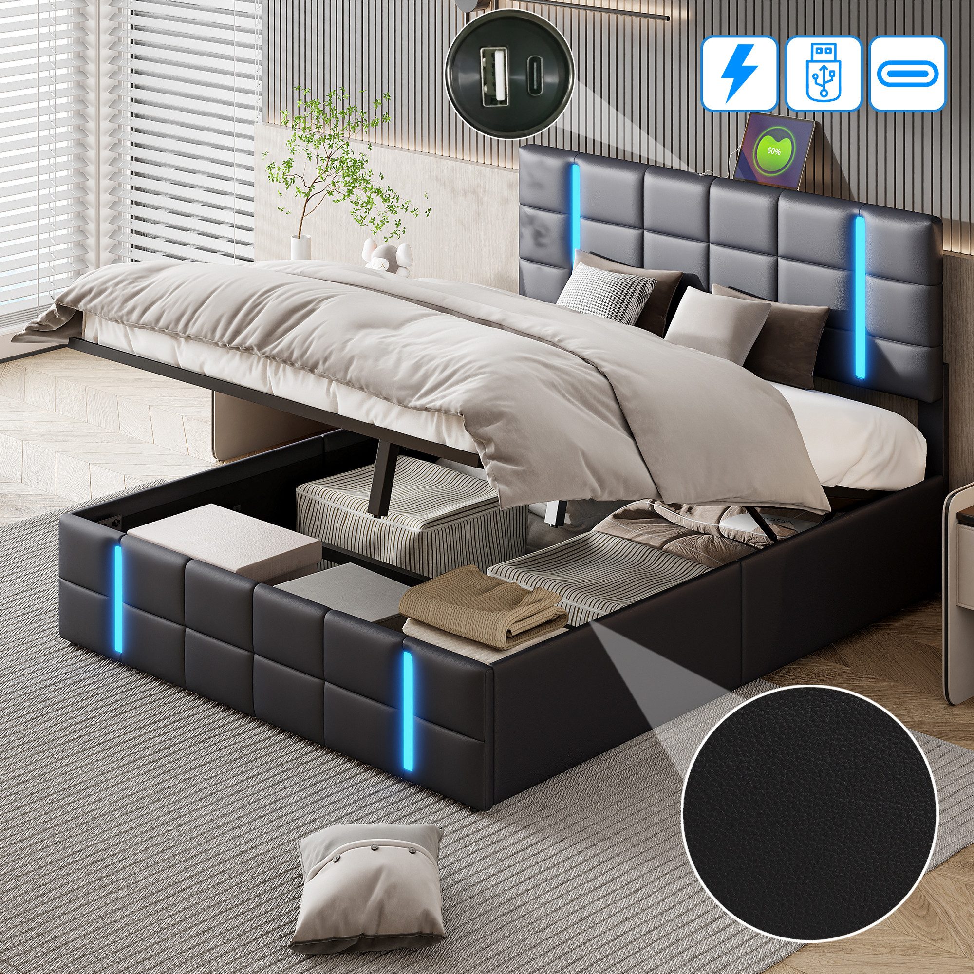 Polsterbett LED Doppelbett-Schwarz