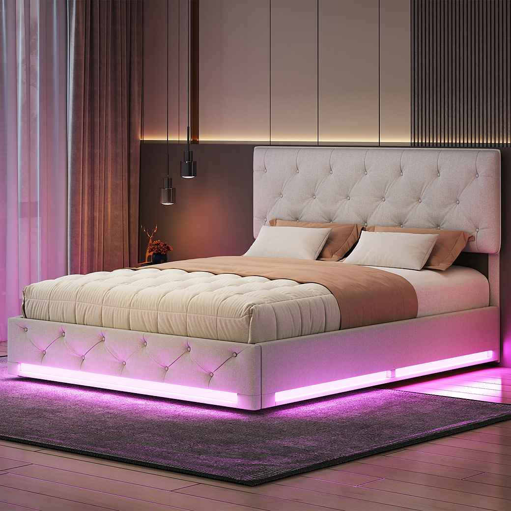Polsterbett LED hydraulisches Doppelbett-beige