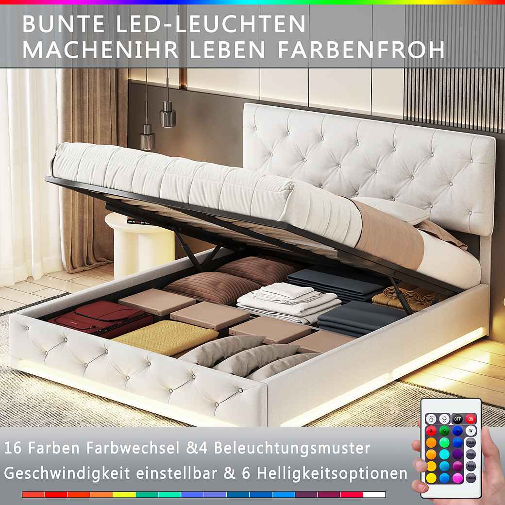 Polsterbett LED hydraulisches Doppelbett-beige