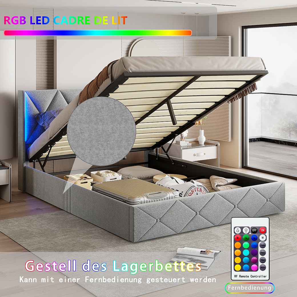 Polsterbett LED hydraulisches Doppelbett- grau