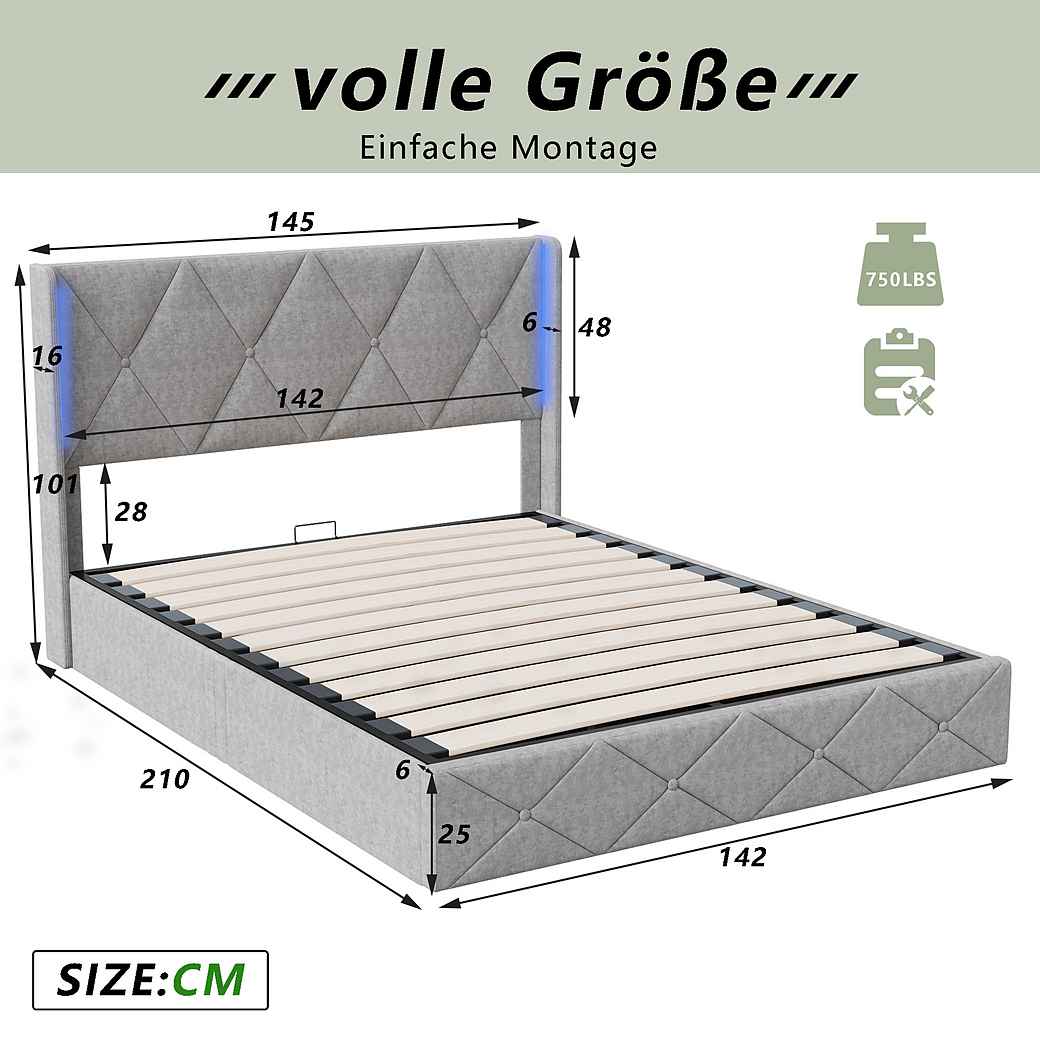 Polsterbett LED hydraulisches Doppelbett- grau