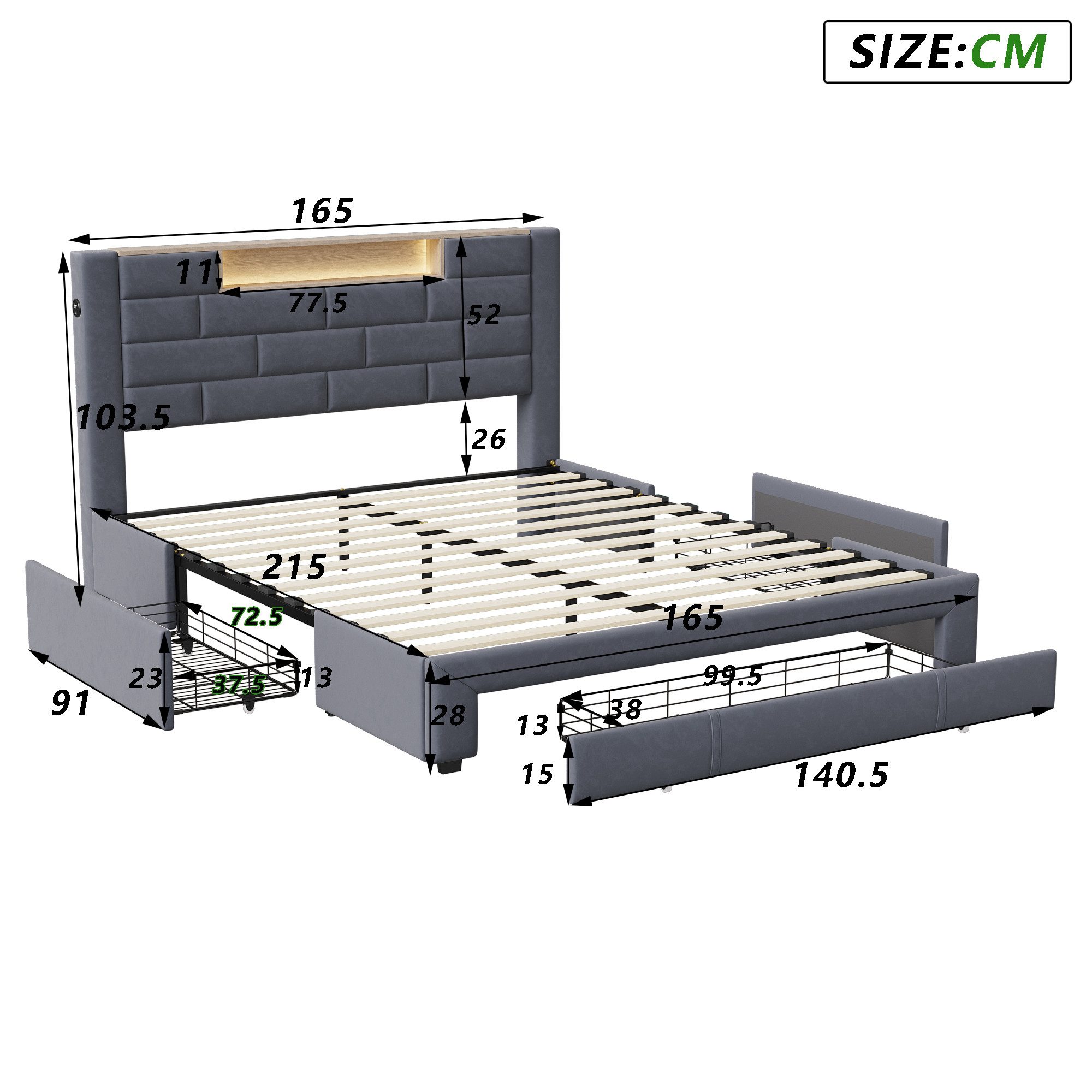 Polsterbett Doppelbett Stauraumbett Funktionbett-grau
