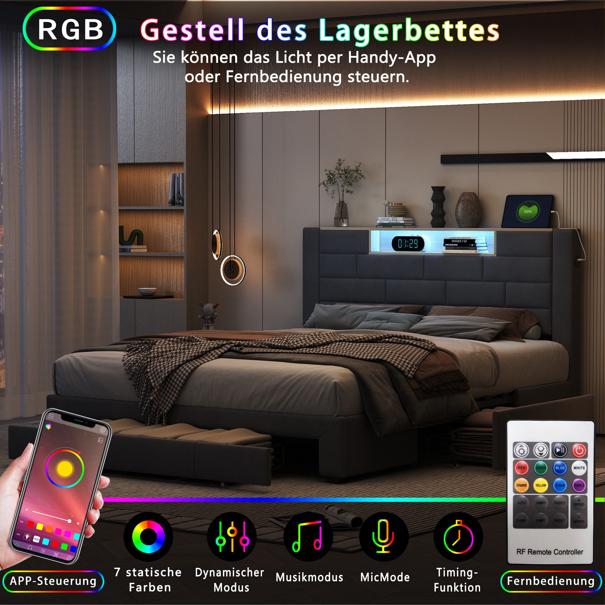 Polsterbett Doppelbett Stauraumbett Funktionbett-grau