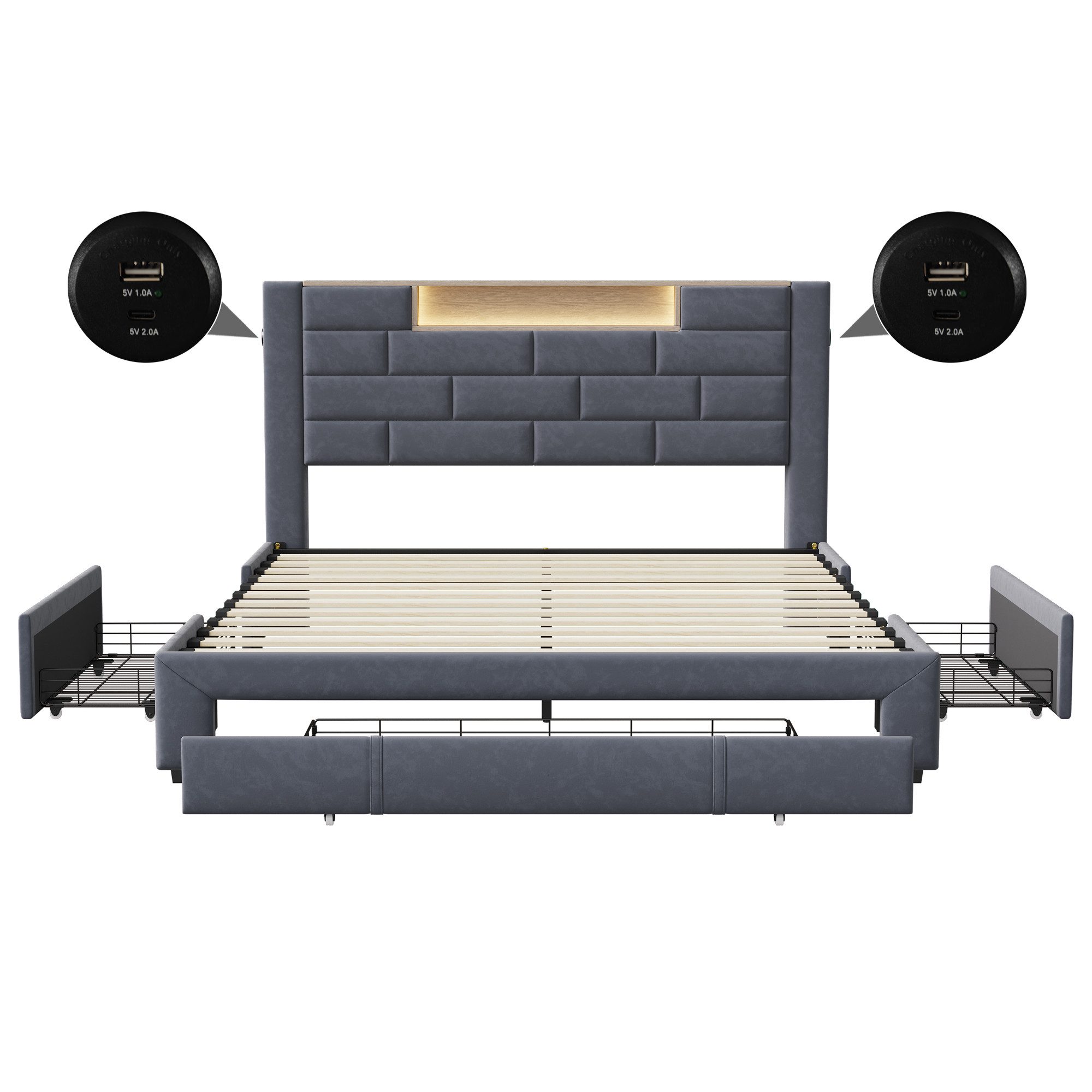 Polsterbett Doppelbett Stauraumbett Funktionbett-grau