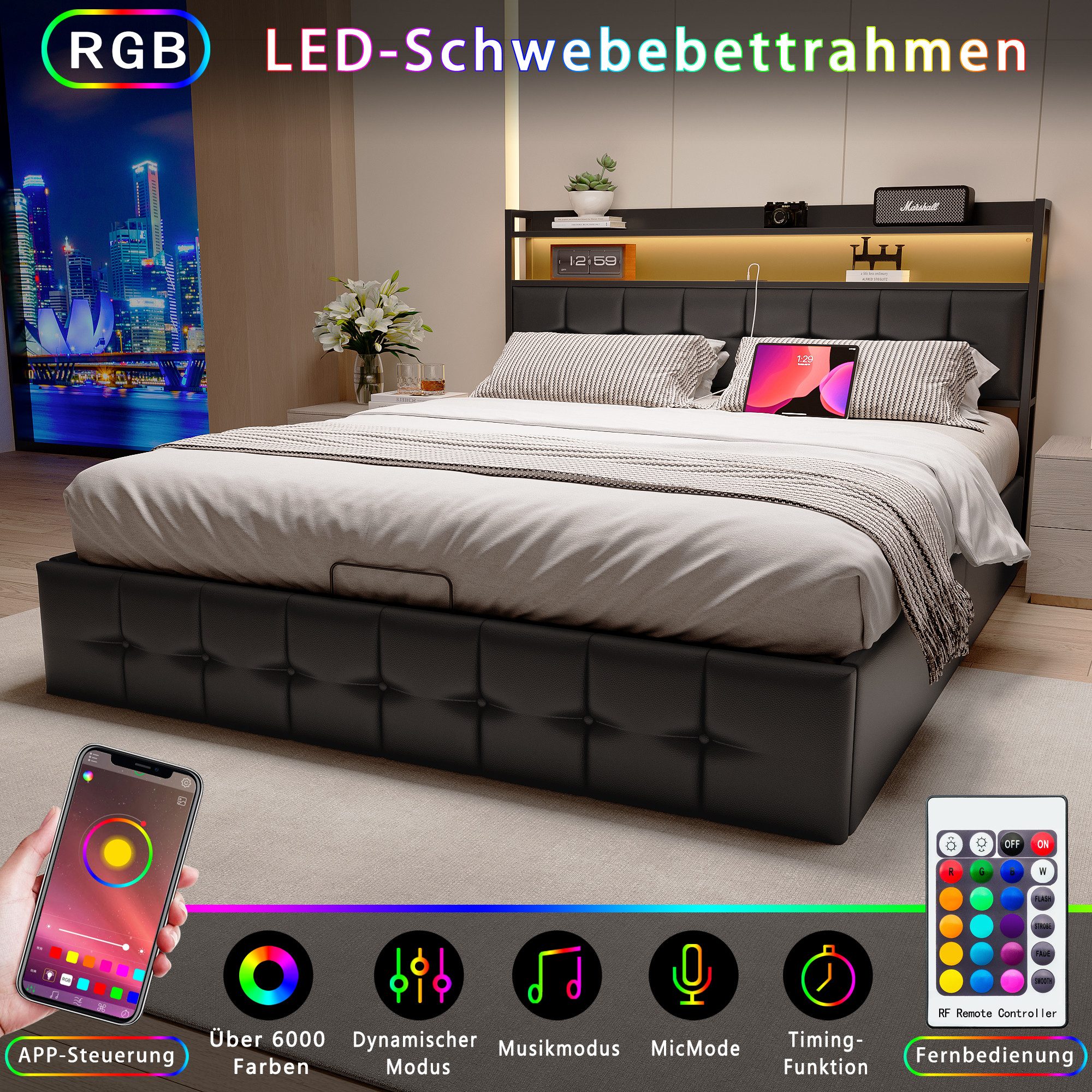 Polsterbett LED hydraulisches Doppelbett-Schwarz
