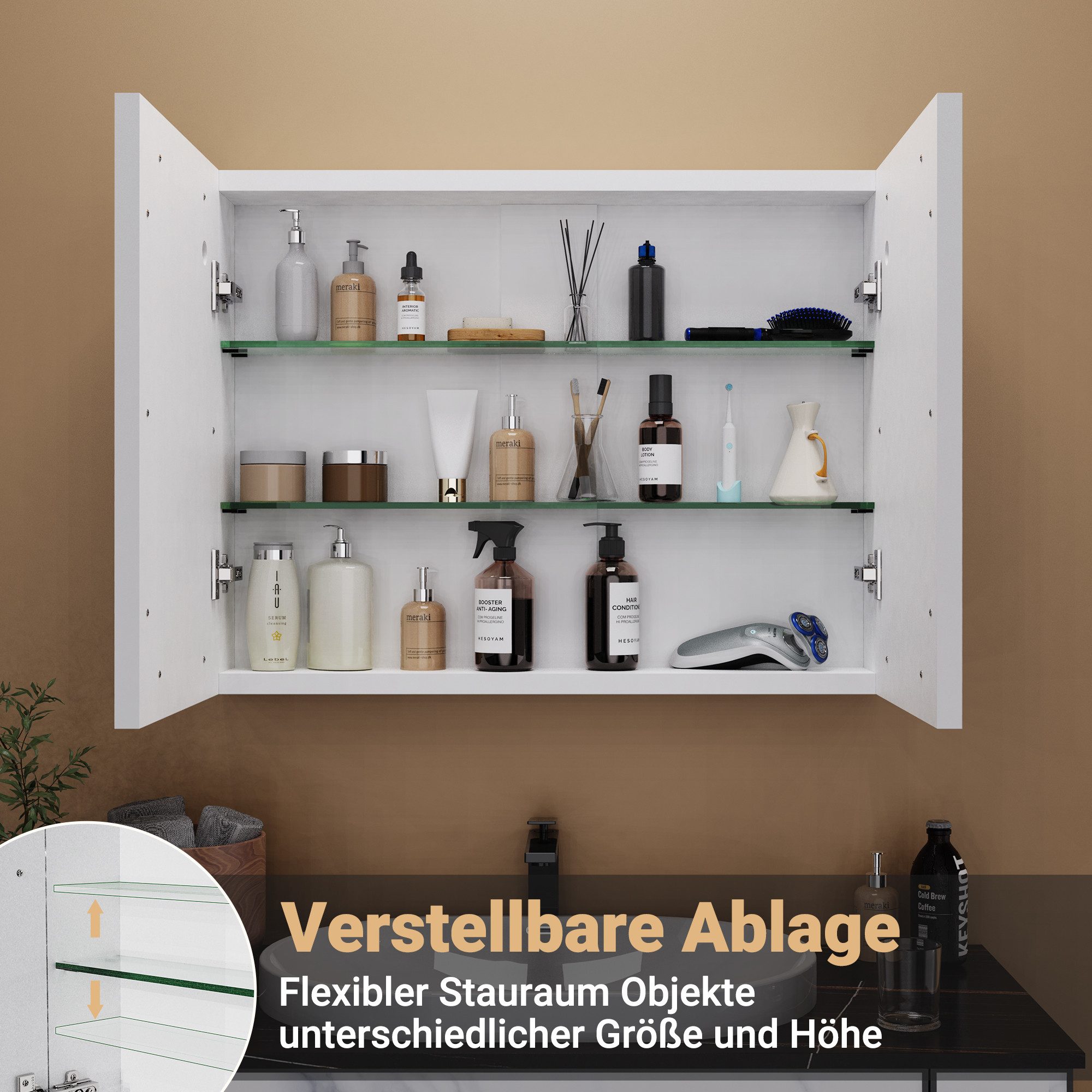 Badezimmerspiegelschrank Spiegelschrank Doppeltür Hängeschrank 80x60x13.5 cm